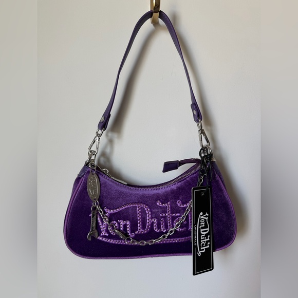 Von Dutch Handbags - Viral Von Dutch Purple Velvet Rhinestone Silver Charms Shoulder Bag